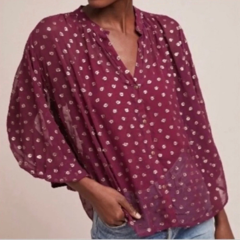 SOLD E Anthropologie Moulinette Soeurs Plum Gold Metallic Sheer Button Up Blouse - Picture 1 of 10